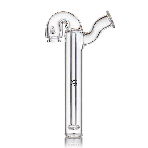 The MJ Arsenal Sidecar Pivot Top is a clear glass water pipe with a cylindrical base, curved neck, and small front logo. Its open chamber design and flat bottom offer stability, and it's compatible with the Sidecar Top Attachment.