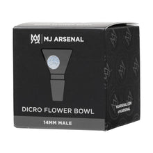A black box labeled MJ Arsenal Dichro Flower Bowl features a simple graphic of the borosilicate glass bowl on the front, with white text and logo accents on the packaging.