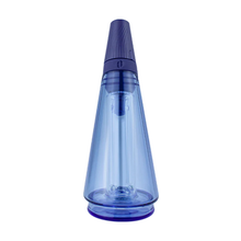 A transparent blue, cone-shaped Puffco Peak Travel Glass with a dark blue cap, resembling the sleek design of the Puffco Peak Pro, photographed against a white background.