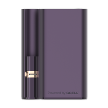 A sleek, purple CCELL Palm Pro 510 Thread Battery Vape with a cylindrical cartridge on the left. “Powered by CCELL” is printed on the lower right of its rectangular body.