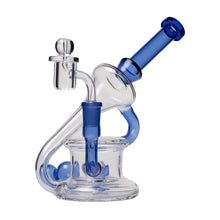 The Human Grade 7.5" Recycler 45 (Triple Marble) Glass Rig Water Pipe is a clear borosilicate water pipe with blue accents, curved neck, round base, side chamber, quartz bucket, and a removable bowl with carb cap attachment.