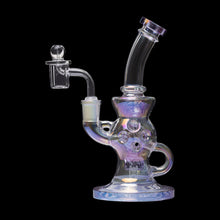 Glass water pipe with colorful iridescent finish on a black background