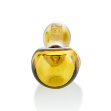 A Grav Classic Spoon Pipe made from scientific glass, featuring an amber hue, rounded bowl, ash-catching mouthpiece, and 'GRAV' engraving on the stem is shown front-facing against a white background.