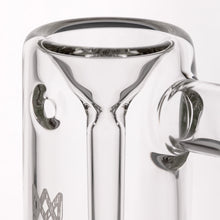 Close-up of the MJ Arsenal Alpine Series - Steamboat Bubbler, a clear cylindrical borosilicate glass piece with a side handle, displayed against a plain white background.