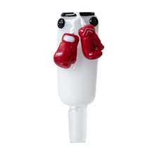 The Tyson Heavy Bag Glass Bowl Slide 14mm is a white glass piece shaped like a boxing heavy bag, featuring two red boxing gloves on the front, shown against a plain white background.