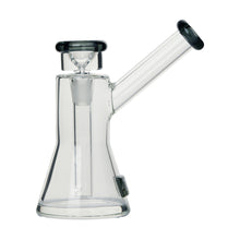 The Tyson Upper Cut Bubbler is a clear borosilicate glass water pipe with a beaker base, cylindrical neck, and angled mouthpiece. Black accents highlight the bowl and mouthpiece, showcasing a sleek, modern design inspired by the Tyson 2.0 Uppercut Bubbler.