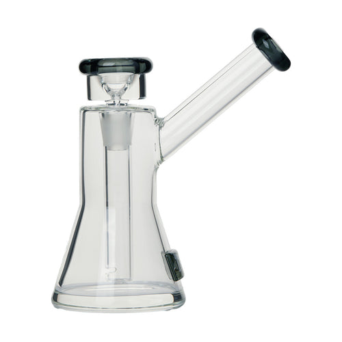 The Tyson Upper Cut Bubbler is a clear borosilicate glass water pipe with a beaker base, cylindrical neck, and angled mouthpiece. Black accents highlight the bowl and mouthpiece, showcasing a sleek, modern design inspired by the Tyson 2.0 Uppercut Bubbler.