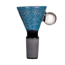 The MJ Arsenal Dichro Flower Bowl is a handmade borosilicate glass bowl for water pipes, featuring a blue-speckled funnel shape, clear side handle, and frosted gray base for secure 14mm attachment.