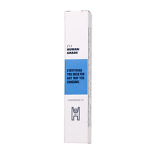 A tall, rectangular white box with blue accents labeled Human Grade Downstems. Text reads: EVERYTHING YOU NEED FOR ANY WAY YOU CONSUME—perfect as a water pipe replacement. Minimalist logo and website are near the bottom.