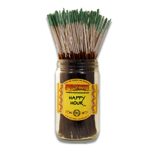 A clear glass jar labeled Happy Hour holds Wild Berry Incense Sticks, each 11" long with green tips, displayed upright against a white background.