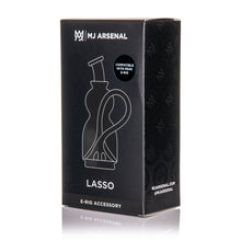 Black box for MJ Arsenal Lasso Puffco Peak Top, featuring a white outline illustration and text showing it's a Puffco Peak attachment. Made from premium borosilicate glass, this recycler top ensures smooth performance.