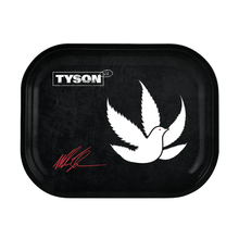 The Tyson 2.0 Rolling Tray is black with a white dove (pointed wings, red eye), "TYSON" in white block letters, and a red signature underneath. Verify tray size to ensure it fits your intended use or legal requirements.