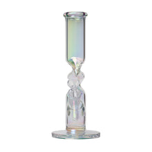 The Human Grade Iridescent Zing Water Pipe features a clear, iridescent borosilicate glass build with a cylindrical chamber and round base, designed for smooth smoking sessions.