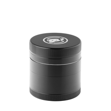 The BIGFUN! Small Grinders is a black cylindrical aluminum grinder with textured edges and a white stylized logo on top, designed for precise use and featuring efficient pollen sift capability.