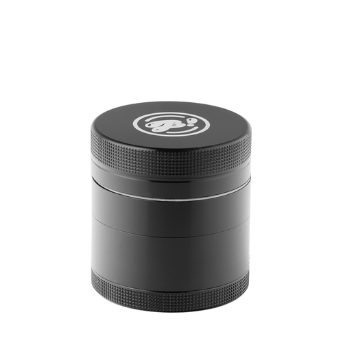 The BIGFUN! Small Grinders is a black cylindrical aluminum grinder with textured edges and a white stylized logo on top, designed for precise use and featuring efficient pollen sift capability.