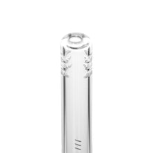 Close-up of the top end of a Human Grade Downstems clear glass tube, likely 10mm, with small etched markings near the rounded, closed end. The white background highlights this premium water pipe replacement part.