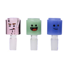 The Human Grade Novelty Bowl (individual or pack of 3) includes pink, green, and blue cartoon-faced bowls shaped like bottle stoppers—ideal for bringing fun to your 14mm water pipe.