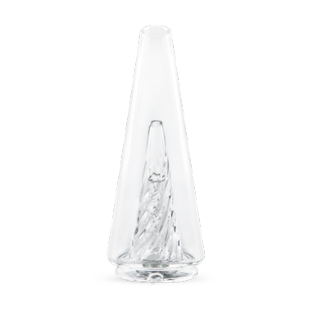 The Puffco Peak Pro Glass 2.0 is a clear, cone-shaped borosilicate glass piece featuring an internal spiral-like texture, designed to stand upright and upgrade the Puffco Peak Pro.