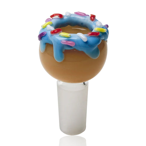 The Empire Glassworks Donut Bowl 14mm is a borosilicate glass bowl piece styled like a doughnut with blue icing and sprinkles, designed to fit any 14mm joint for smoking.