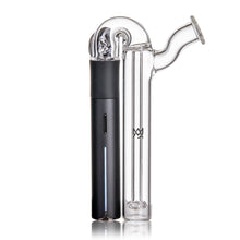 A sleek, black Puffco Pivot vaporizer is attached to a clear MJ Arsenal glass water pipe with the Sidecar Pivot Top attachment and engraved logo, displayed on a white background.