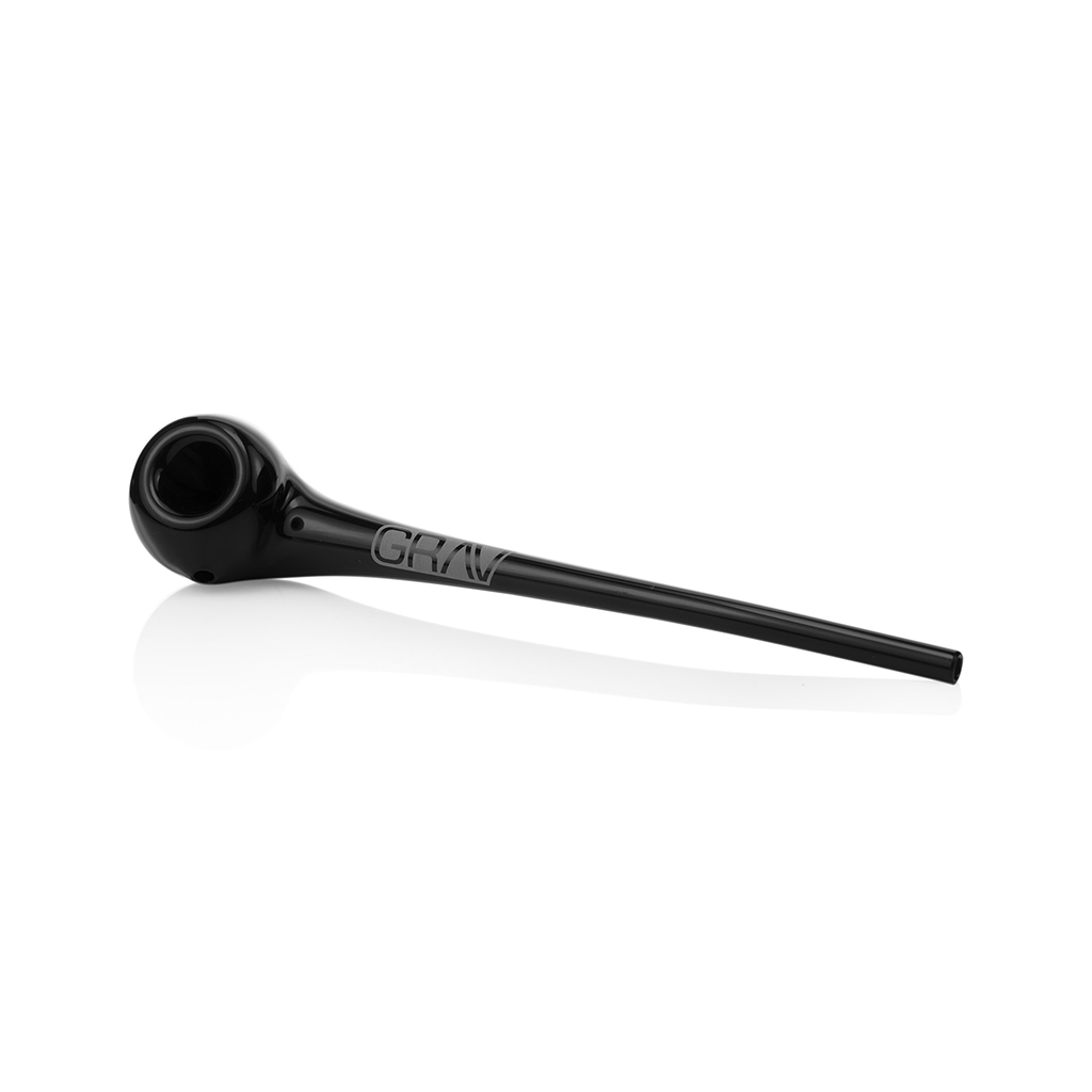 The Grav Gandalf is a glossy black glass pipe featuring a rounded bowl, long mouthpiece, and the engraved GRAV logo on the shaft. It’s displayed against a white background.