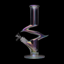 The Human Grade Iridescent Zing Water Pipe features a zigzag neck, round base, side bowl, and glossy borosilicate glass with multicolored reflections, shown against a black background.