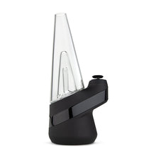 The New Peak Vaporizer features a sleek black and transparent glass design with an angled base and conical mouthpiece, standing upright against a white background for a minimalist, modern look that exudes elegance and innovation.