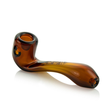 The Grav Mini Sherlock is a portable pipe with a deep bowl, made of brown glass and featuring a curved stem, shown on a white background.