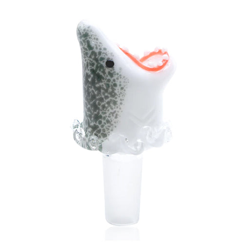 A 14mm glass bottle stopper shaped like a shark with an open mouth, pink interior, white teeth, and a gray speckled body inspired by the Empire Glass Works Jawsome Bowl. Features a frosted glass base.