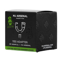 A black and green MJ Arsenal 1130 Adapter box showcases a cartoon bearded man in a green hat with text: "1130 Dual Adapter by Adam Ill x MJ Arsenal," compatible with 10mm/14mm, and "Limited Edition Makers Pass" at the bottom.