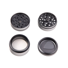 Four separate parts of the MJ Arsenal 4 Piece Grinder are shown on a white background, highlighting the grinding teeth, mesh screen, pollen chamber, and lid.