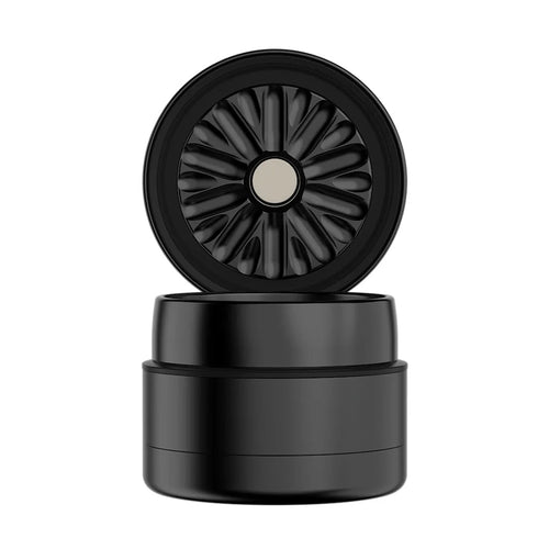 A black round container with a decorative radial-patterned lid, shown open—ideal for storing parts like medium mill plates or 2