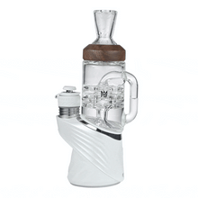 The MJ Arsenal Alpine Series - Halo Peak Top features a white sculpted base, wooden accent, and intricate borosilicate glasswork. Shown rotating against a white background, it’s a stylish upgrade for your glass collection.