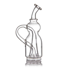 The MJ Arsenal Lasso Puffco Peak Top is a clear borosilicate glass water pipe with a curved neck, built-in handle, internal percolator, and recycler top, shown upright on a white background.