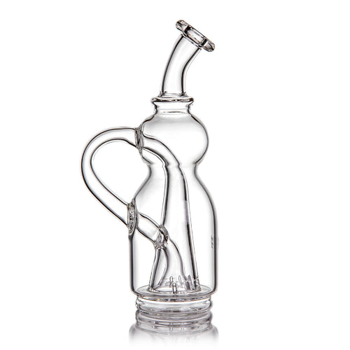 The MJ Arsenal Lasso Puffco Peak Top is a clear borosilicate glass water pipe with a curved neck, built-in handle, internal percolator, and recycler top, shown upright on a white background.