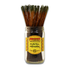 A glass jar labeled Wild Berry Incense Sticks holds 11" hand-dipped incense sticks with green tips. The yellow label with red accents and Wild Berry branding stands out against the plain white background.
