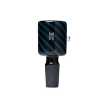 The Glass Straight Bowl 1A 14mm is a black glass bowl with diagonal blue stripes and a small center logo, designed as a 14mm male water pipe accessory, displayed against a plain white background.