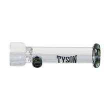 The Tyson Jab One Hitter is a clear borosilicate glass pipe with dark green accents and "TYSON" on the side, shown against a white background—perfect for fans of the Tyson 2.0 Jab One Hitter style.