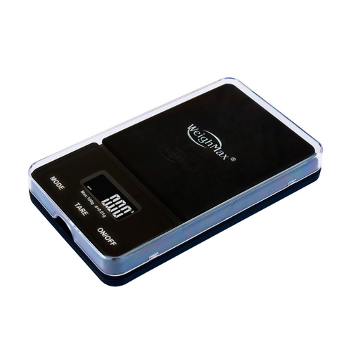 The WeighMax NJ-800 Scale is a digital pocket scale with a black surface, large LCD display, MODE/TARE/ON-OFF buttons, an 800g capacity, clear protective cover, and Weighmax branding on top.
