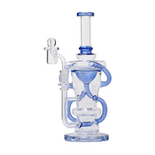 The 10.25" Straight Recycler Glass Water Pipe features clear borosilicate glass with blue accents, a curved multi-chamber design, and a round base—an ideal recycler dab rig for smooth, flavorful sessions.
