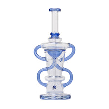 The Human Grade 10.25" Straight Recycler Glass Water Pipe is a clear borosilicate rig with light blue accents, circular handles on both sides, an intricate design, and a straight mouthpiece, displayed on a plain white background.
