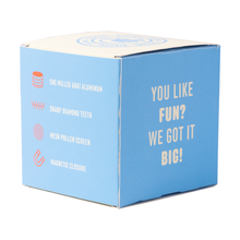 The BIGFUN! XL Grinders come in a blue and white box highlighting CNC milled 6061 aluminum, sharp diamond teeth, mesh pollen screen, and magnetic closure. The side reads, YOU LIKE FUN? WE GOT IT BIG!—your ultimate XL grinder.