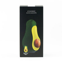 A product box labeled Empire Glass Works Avocadope Peak Top features an illustration of a whole avocado with a cut half showing the seed, plus a small avocado pipe graphic at the bottom left.