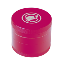 The BIGFUN! Large Grinder is a bright pink aluminum grinder with a white logo on the lid, textured edges for grip, and a pollen sift, displayed against a white background.