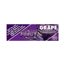 A pack of Juicy Jay's Flavored Papers, grape-flavored in 1¼ size, showcases a purple grape design. Made with triple-dipped flavoring, these are for legal smoking herbs only—not for tobacco use or sale.