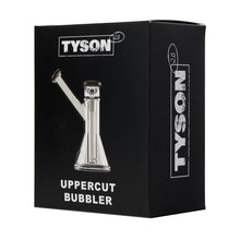 Black box with Tyson 2.0 branding featuring an image of the Tyson Upper Cut Bubbler—a sleek, durable borosilicate glass smoking device labeled in bold white text.