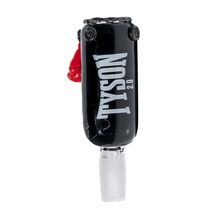 The Tyson Heavy Bag Glass Bowl Slide 14mm is a black glass bowl labeled TYSON 2.0 in white, featuring a small red boxing glove on the side, inspired by Mike Tyson, and shown isolated on a white background.