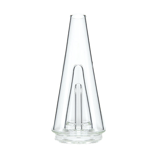 The New Peak Glass 2.0 is a clear, conical object with a cylindrical base, rounded top, and internal vertical glass tubes, shown isolated against a white background.