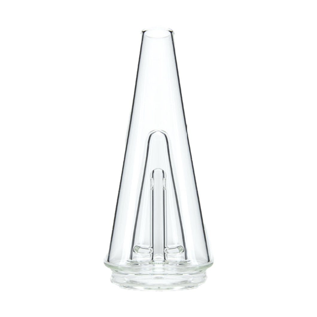The New Peak Glass 2.0 is a clear, conical object with a cylindrical base, rounded top, and internal vertical glass tubes, shown isolated against a white background.