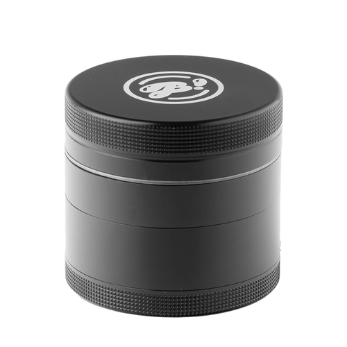 The BIGFUN! Medium Grinder is a black, cylindrical aluminum grinder with textured edges and a white circular logo with stylized text on the lid. It features a built-in pollen sift for collecting fine particles and is shown against a plain white background.